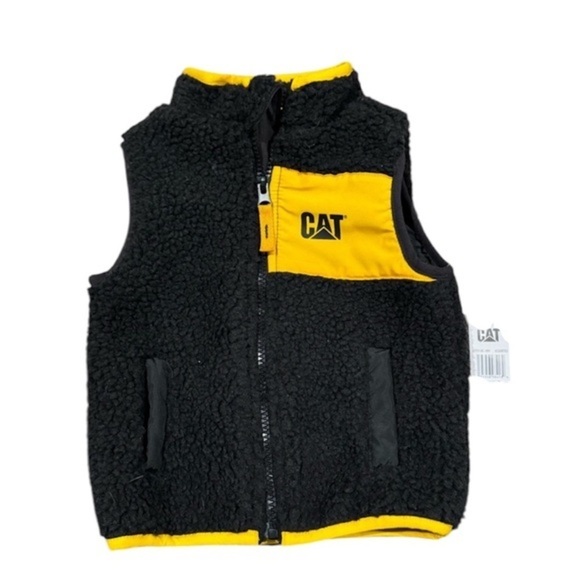 CATERPILLAR FLEECE Black Yellow Pocket full zipper VEST outerwear New SIZE 6 - Picture 1 of 7